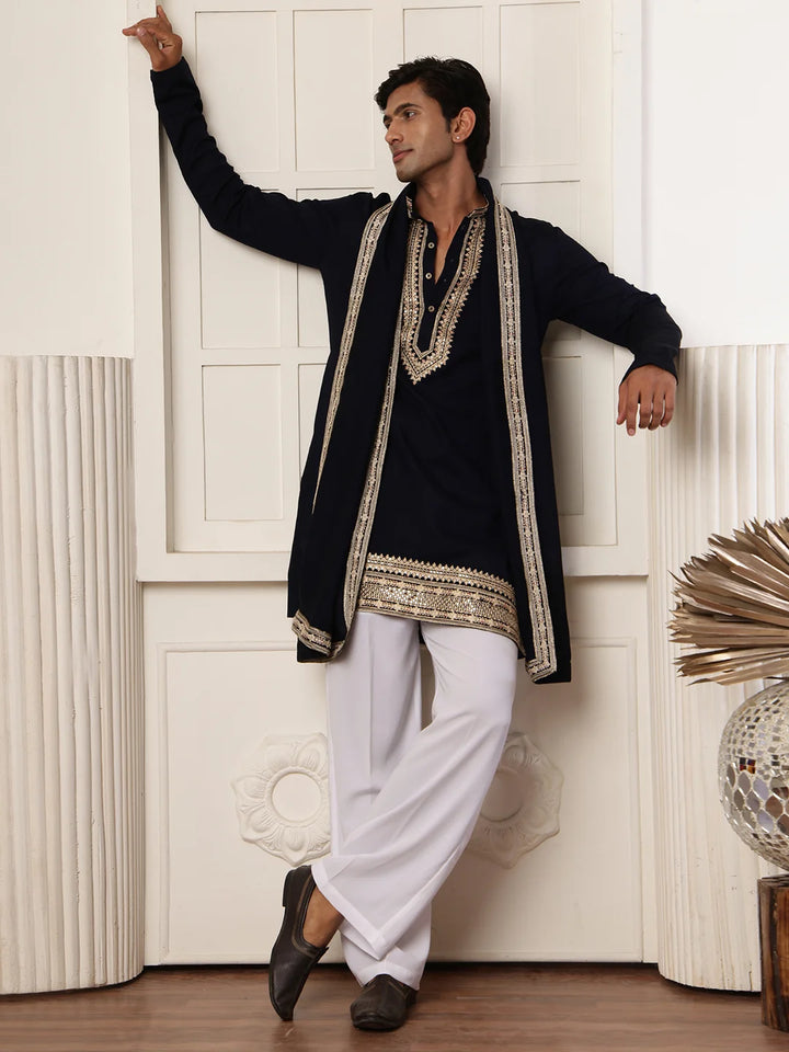 Blue Zari Yoke Design Viscose Rayon Straight Kurta for Men - Image 7