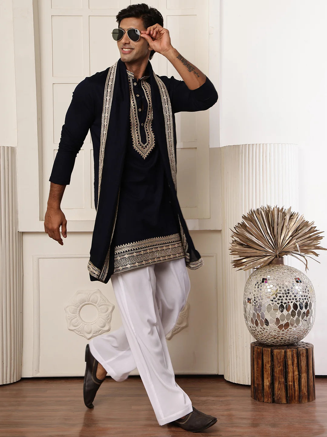 Blue Zari Yoke Design Viscose Rayon Straight Kurta for Men - Image 8