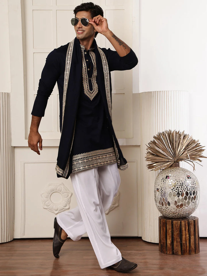 Blue Zari Yoke Design Viscose Rayon Straight Kurta for Men - Image 8