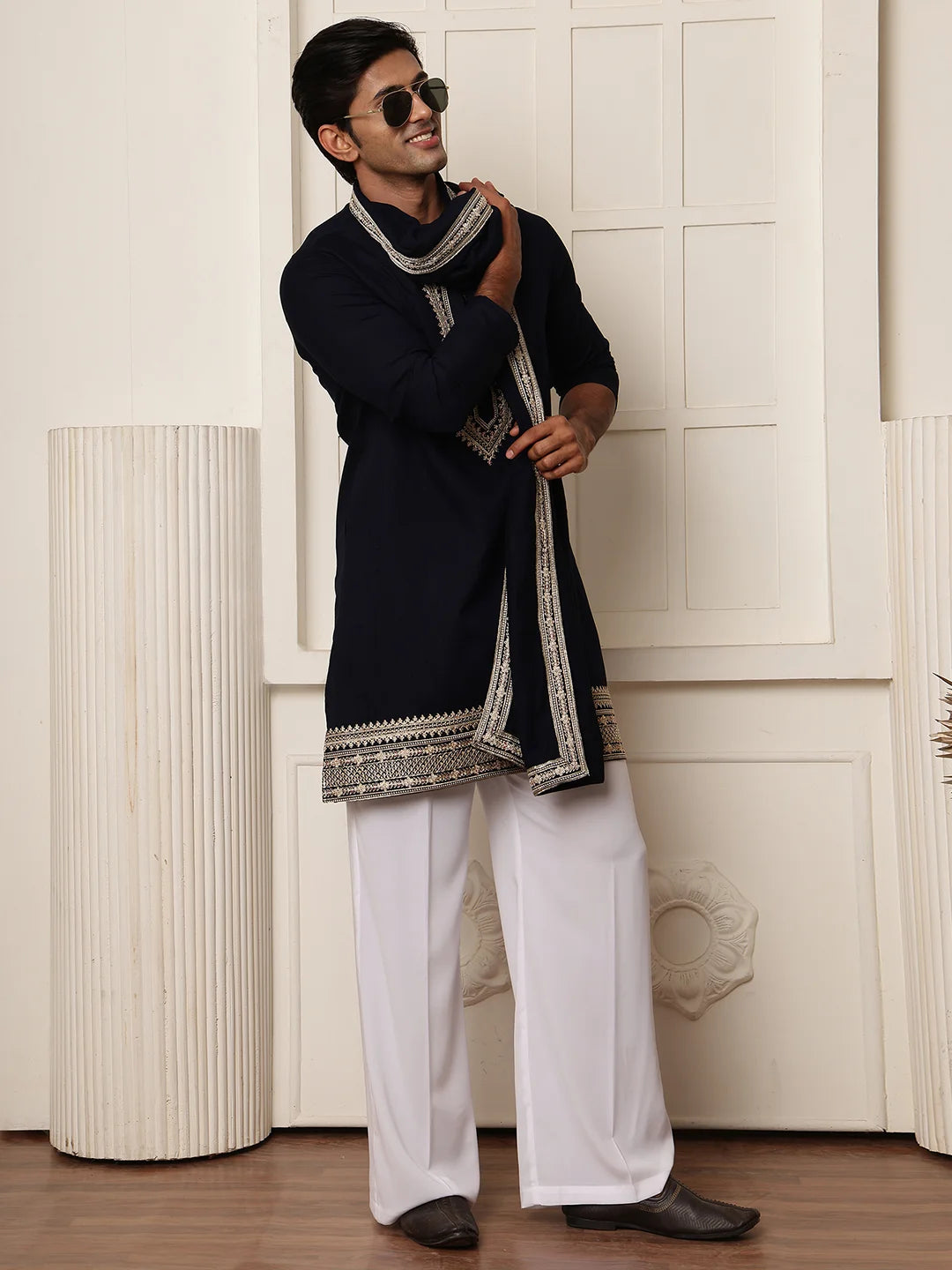 Blue Zari Yoke Design Viscose Rayon Straight Kurta for Men - Image 9