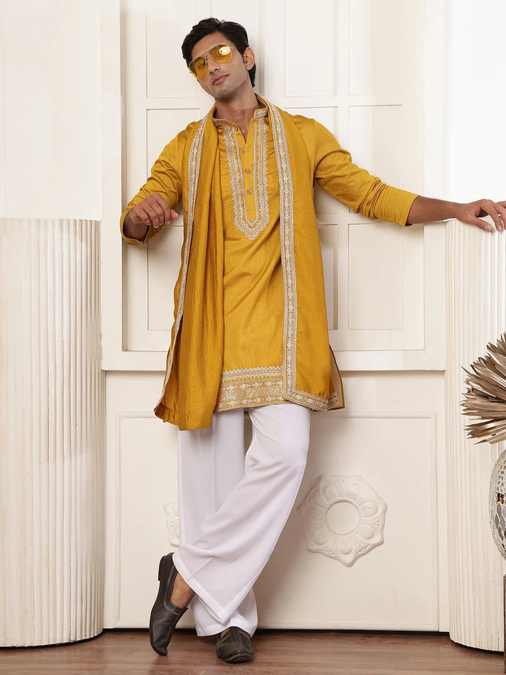 Mustard Zari Yoke Design Viscose Rayon Straight Kurta for Men - Image 1