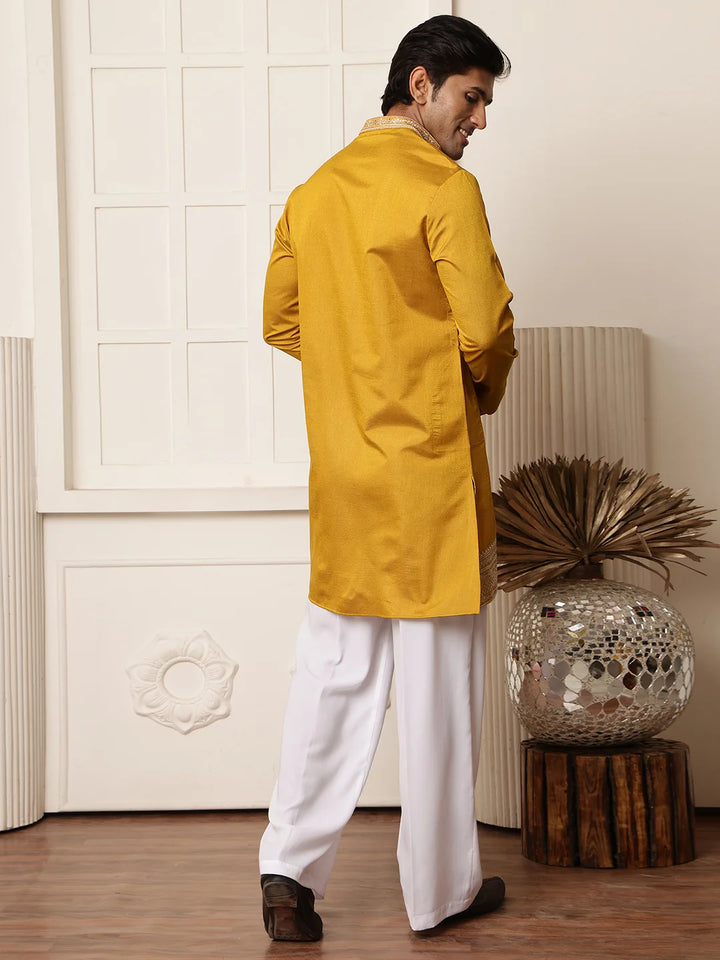 Mustard Zari Yoke Design Viscose Rayon Straight Kurta for Men - Image 11
