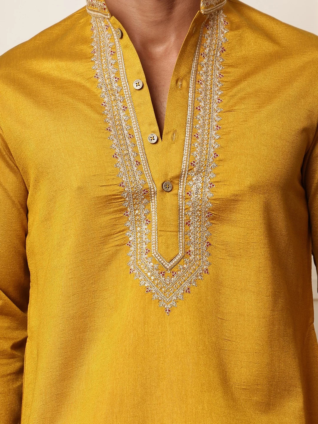 Mustard Zari Yoke Design Viscose Rayon Straight Kurta for Men - Image 13