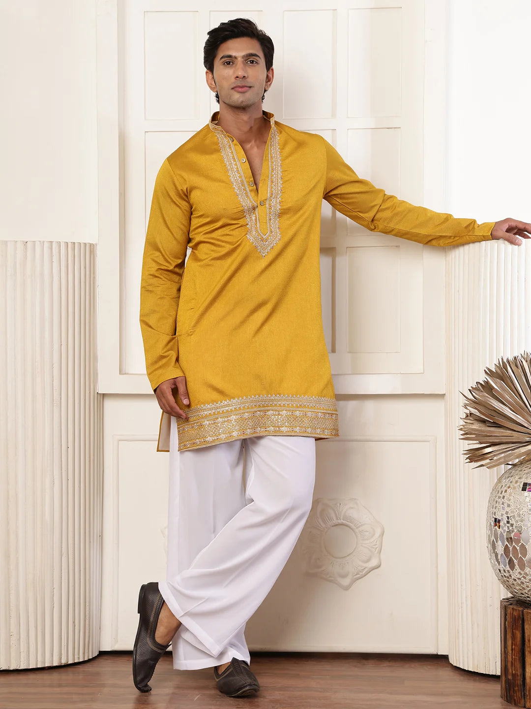 Mustard Zari Yoke Design Viscose Rayon Straight Kurta for Men - Image 2