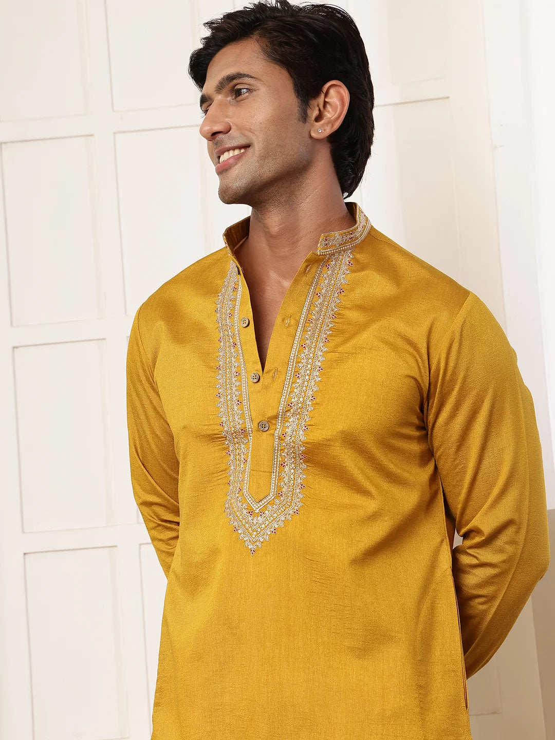 Mustard Zari Yoke Design Viscose Rayon Straight Kurta for Men - Image 4
