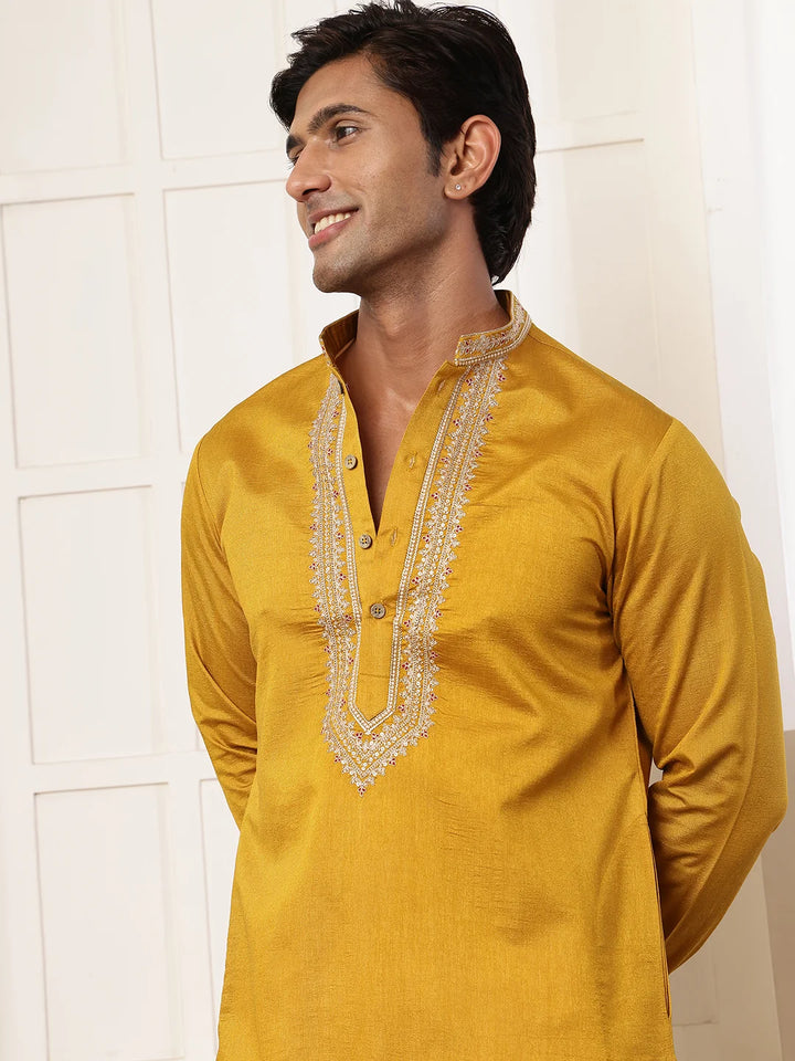 Mustard Zari Yoke Design Viscose Rayon Straight Kurta for Men - Image 4