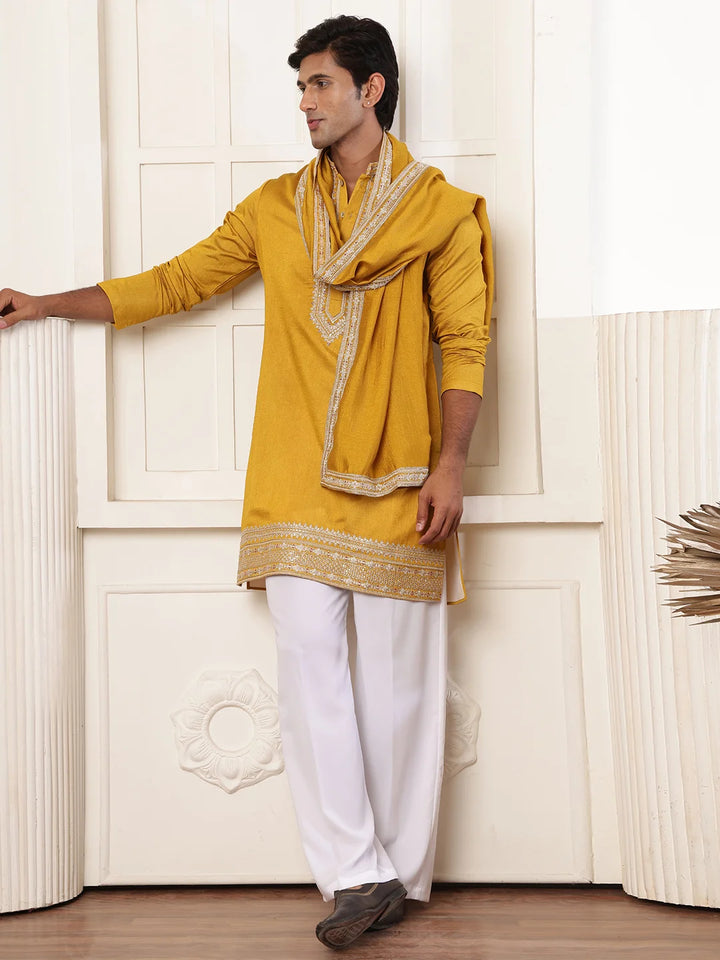 Mustard Zari Yoke Design Viscose Rayon Straight Kurta for Men - Image 5
