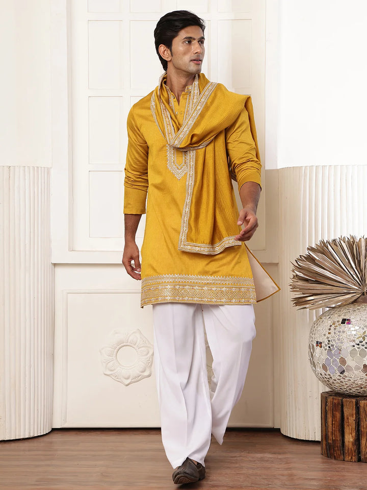 Mustard Zari Yoke Design Viscose Rayon Straight Kurta for Men - Image 6