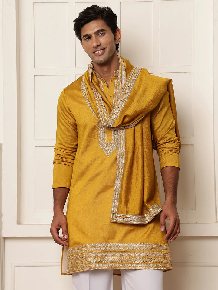 Mustard Zari Yoke Design Viscose Rayon Straight Kurta for Men - Image 7