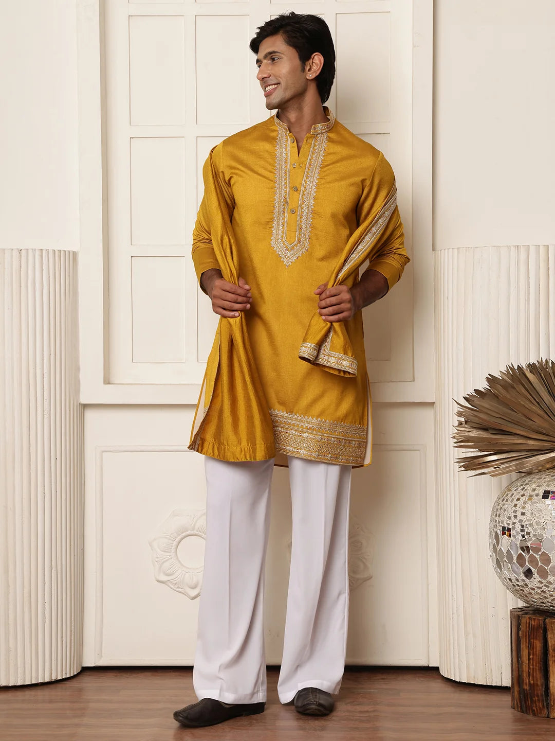 Mustard Zari Yoke Design Viscose Rayon Straight Kurta for Men - Image 8