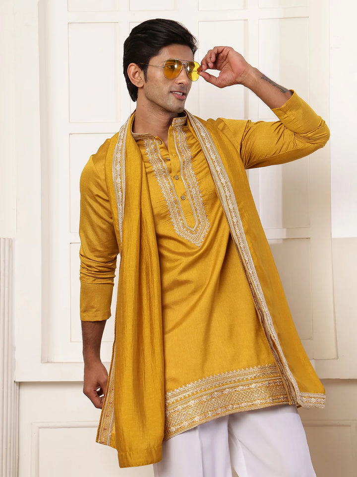 Mustard Zari Yoke Design Viscose Rayon Straight Kurta for Men - Image 9