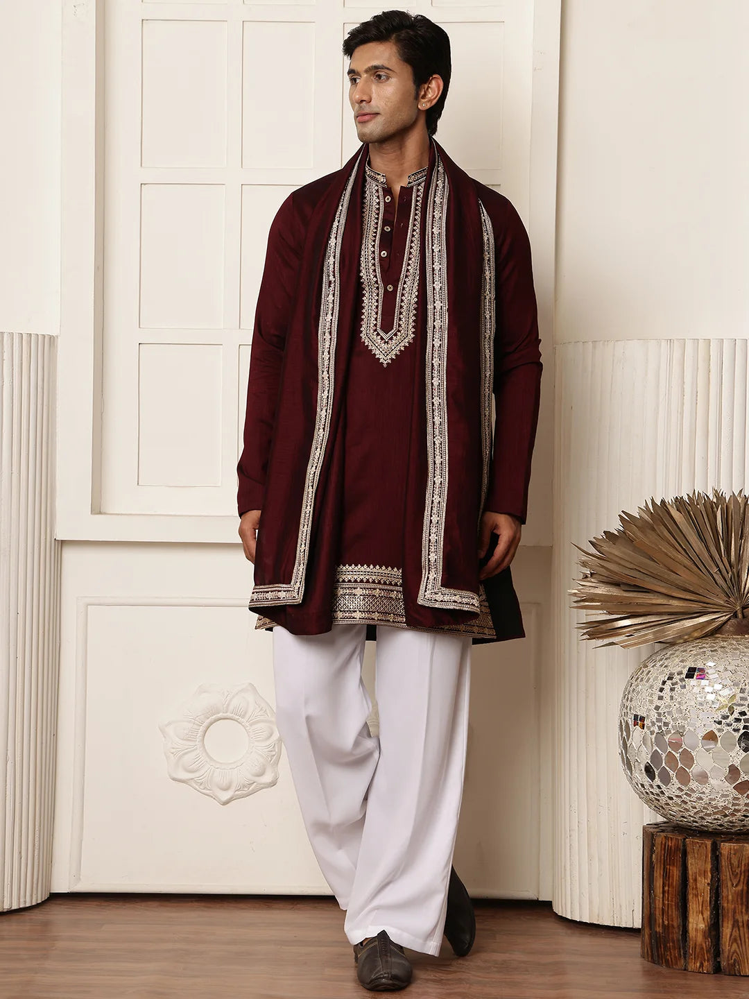 Maroon Zari Yoke Design Viscose Rayon Straight Kurta for Men - Image 1