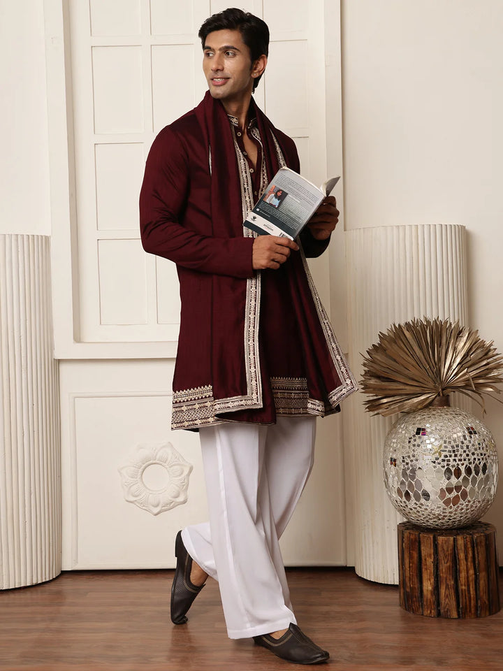 Maroon Zari Yoke Design Viscose Rayon Straight Kurta for Men - Image 10