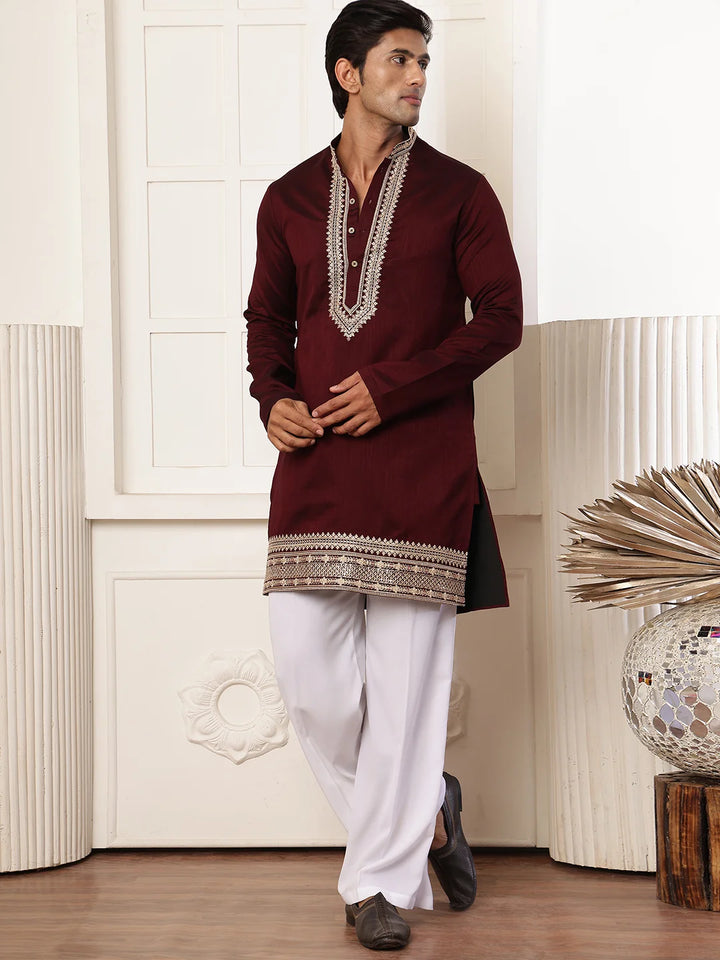 Maroon Zari Yoke Design Viscose Rayon Straight Kurta for Men - Image 3