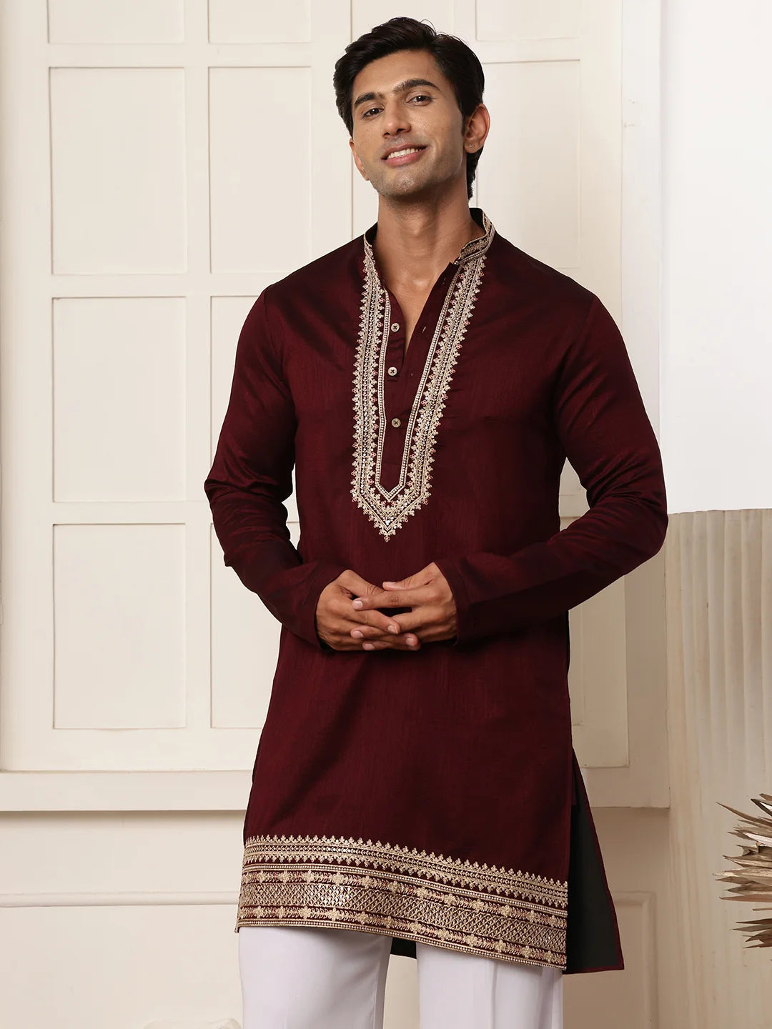 Maroon Zari Yoke Design Viscose Rayon Straight Kurta for Men - Image 4