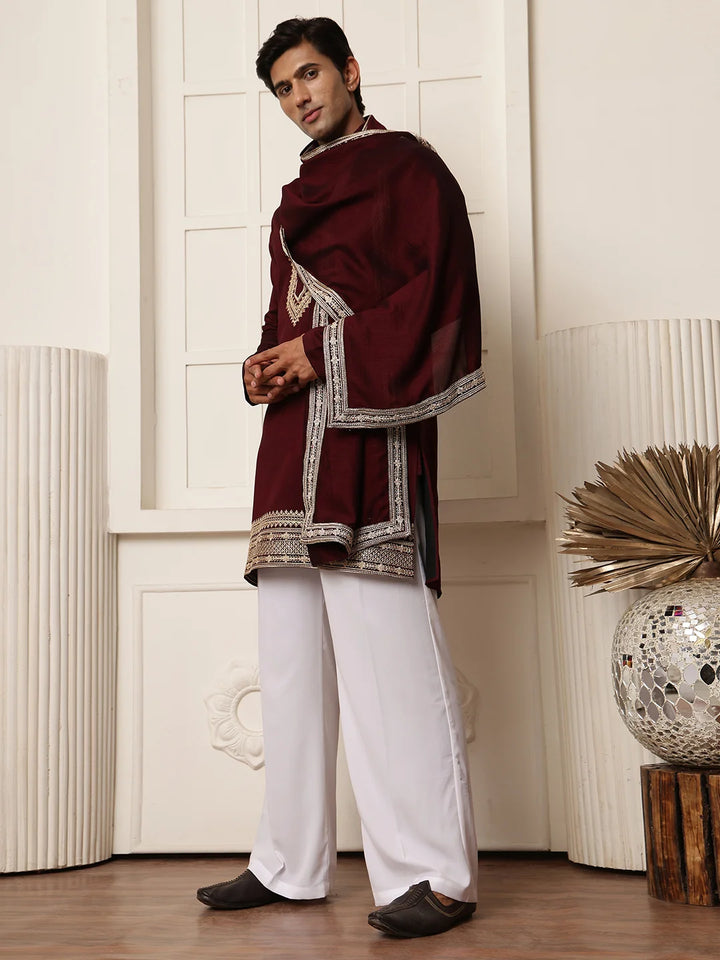 Maroon Zari Yoke Design Viscose Rayon Straight Kurta for Men - Image 5