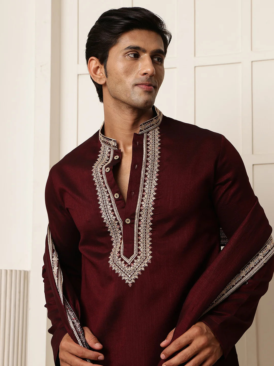 Maroon Zari Yoke Design Viscose Rayon Straight Kurta for Men - Image 6