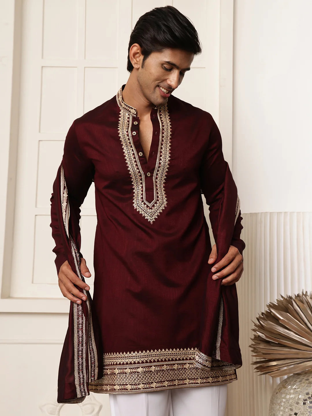 Maroon Zari Yoke Design Viscose Rayon Straight Kurta for Men - Image 7