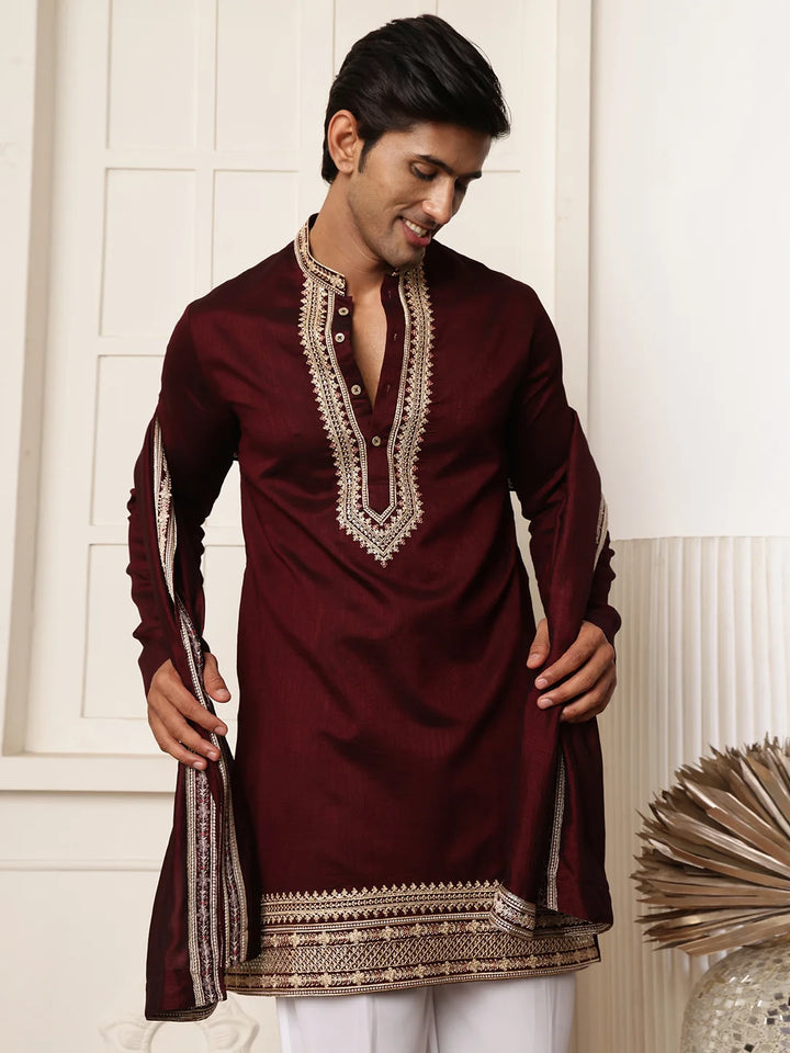 Maroon Zari Yoke Design Viscose Rayon Straight Kurta for Men - Image 7