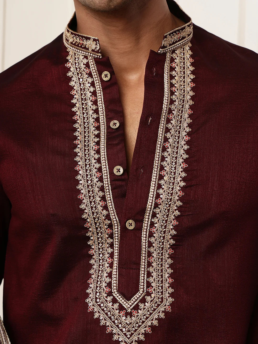 Maroon Zari Yoke Design Viscose Rayon Straight Kurta for Men - Image 8
