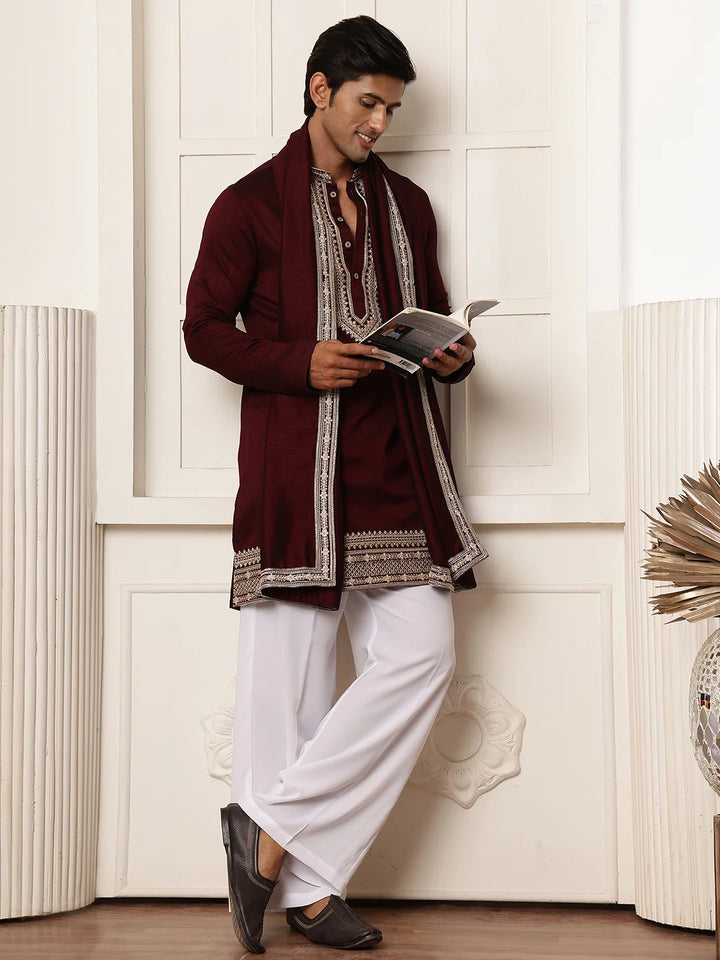 Maroon Zari Yoke Design Viscose Rayon Straight Kurta for Men - Image 9