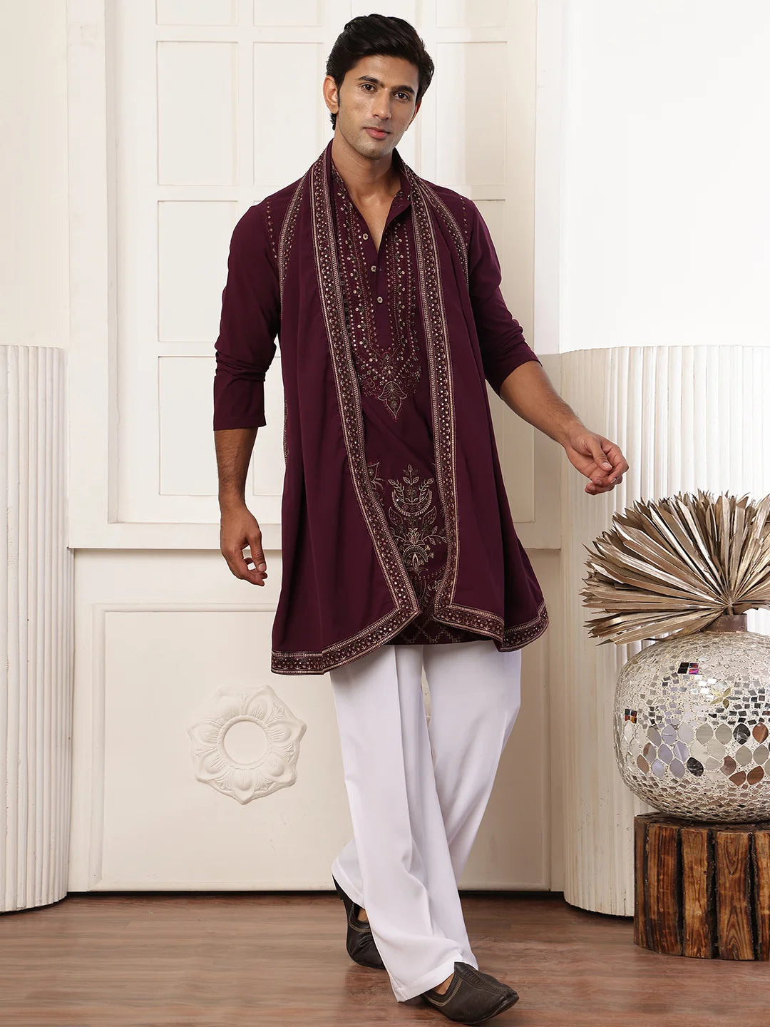 Magenta Chikankari Yoke Design Blended Straight Kurta for Men - Image 1