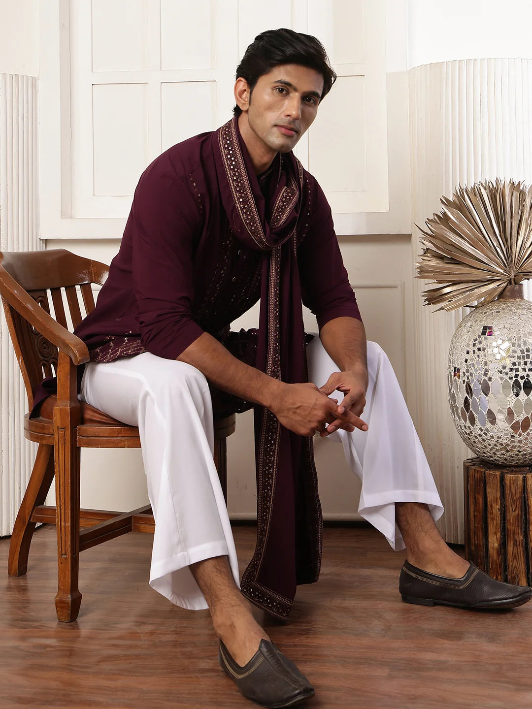 Magenta Chikankari Yoke Design Blended Straight Kurta for Men - Image 10