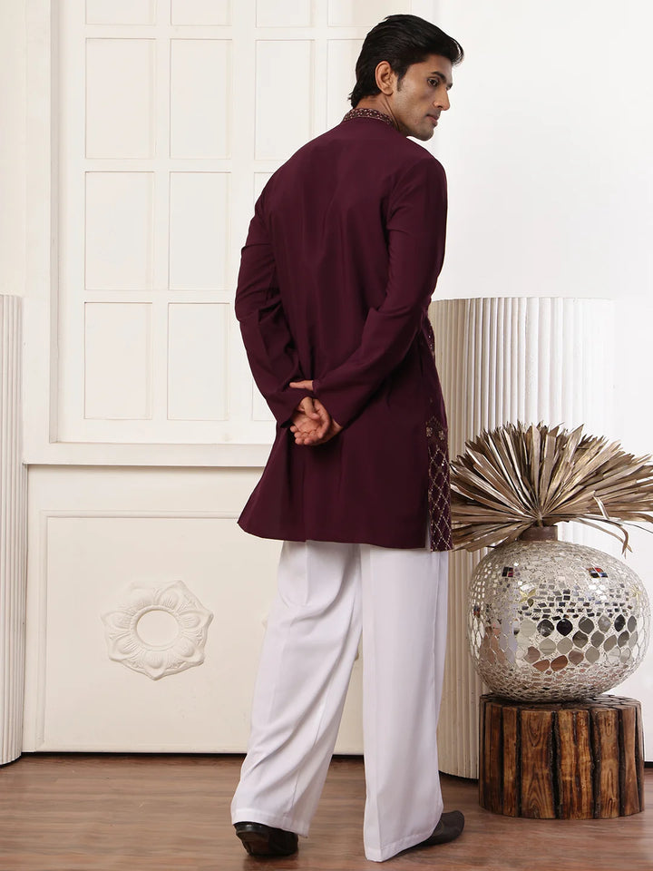 Magenta Chikankari Yoke Design Blended Straight Kurta for Men - Image 12