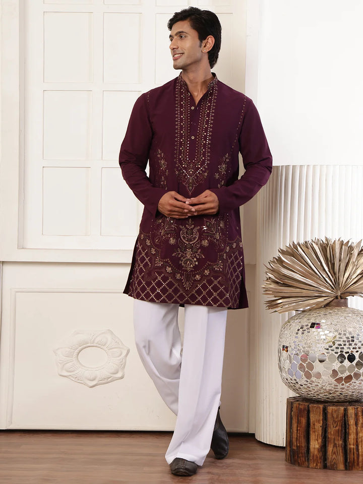 Magenta Chikankari Yoke Design Blended Straight Kurta for Men - Image 2