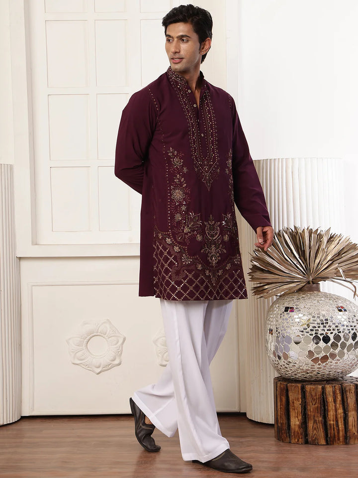 Magenta Chikankari Yoke Design Blended Straight Kurta for Men - Image 3