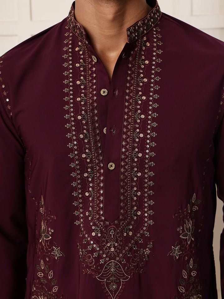 Magenta Chikankari Yoke Design Blended Straight Kurta for Men - Image 4