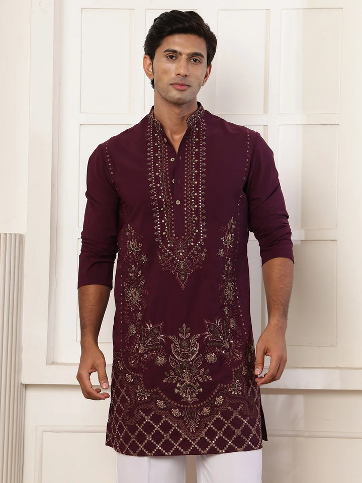 Magenta Chikankari Yoke Design Blended Straight Kurta for Men - Image 5