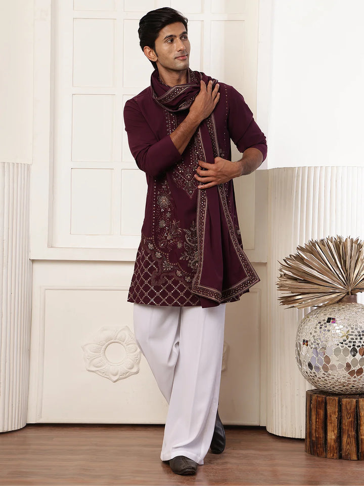 Magenta Chikankari Yoke Design Blended Straight Kurta for Men - Image 6