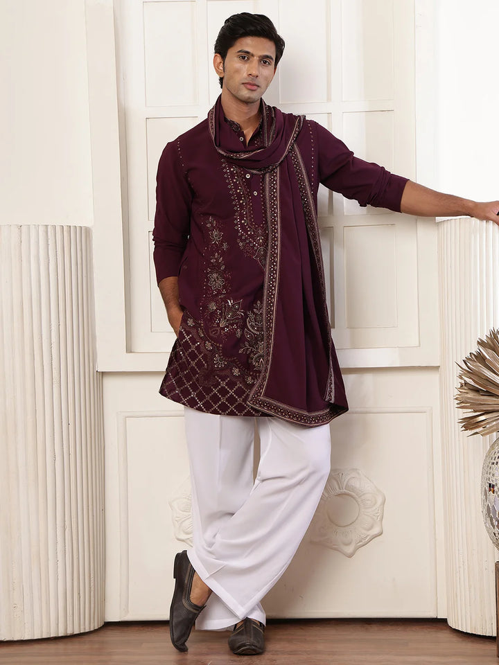 Magenta Chikankari Yoke Design Blended Straight Kurta for Men - Image 7