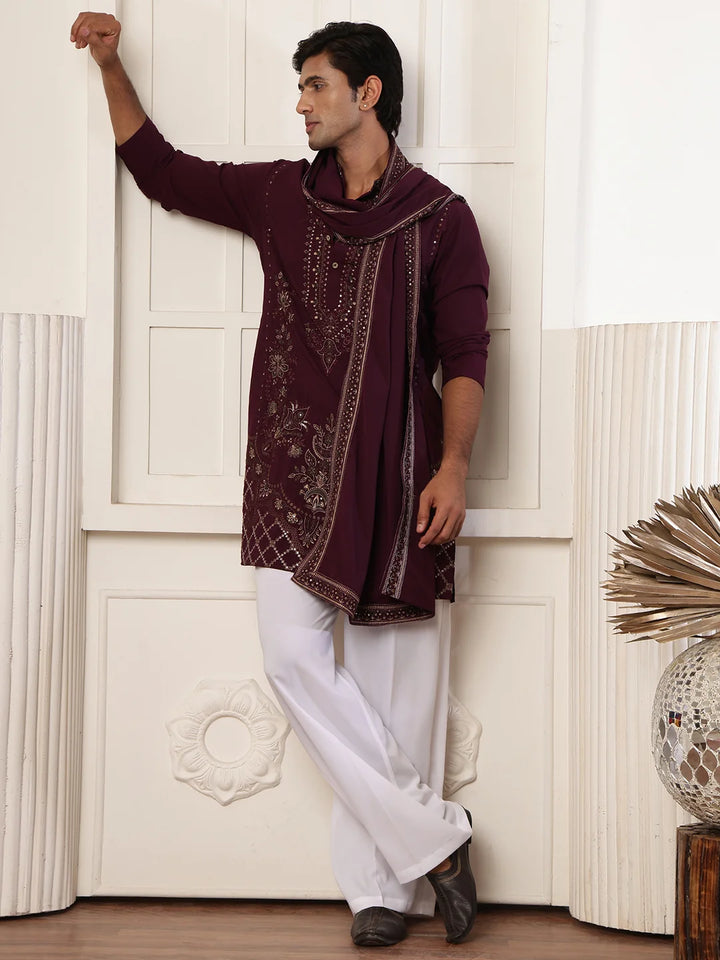 Magenta Chikankari Yoke Design Blended Straight Kurta for Men - Image 8