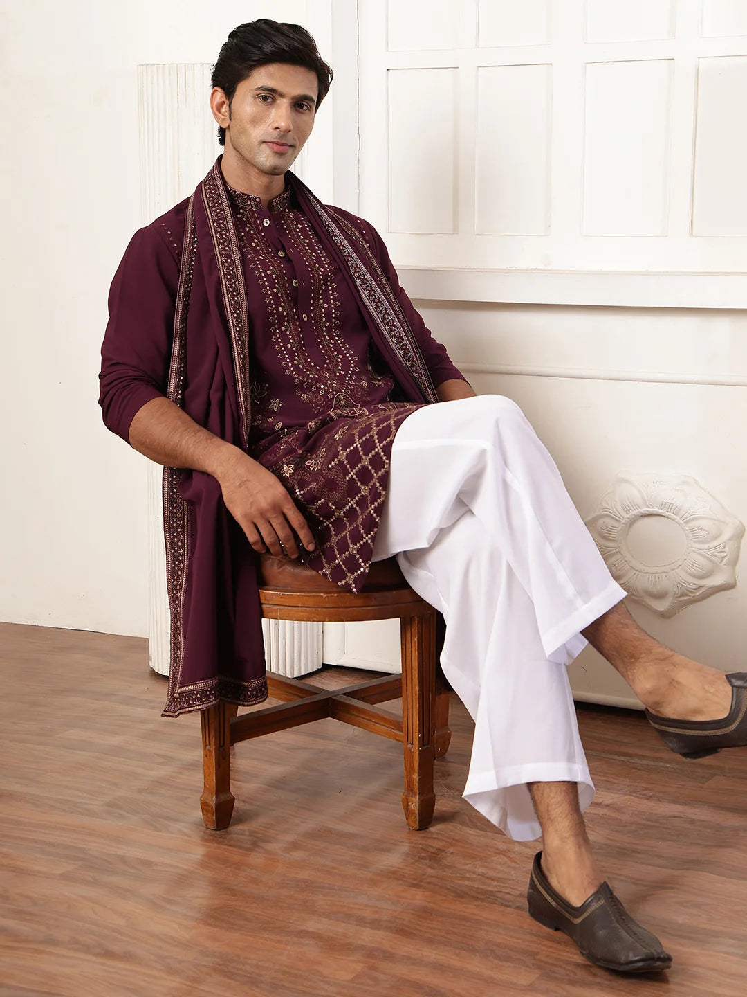 Magenta Chikankari Yoke Design Blended Straight Kurta for Men - Image 9