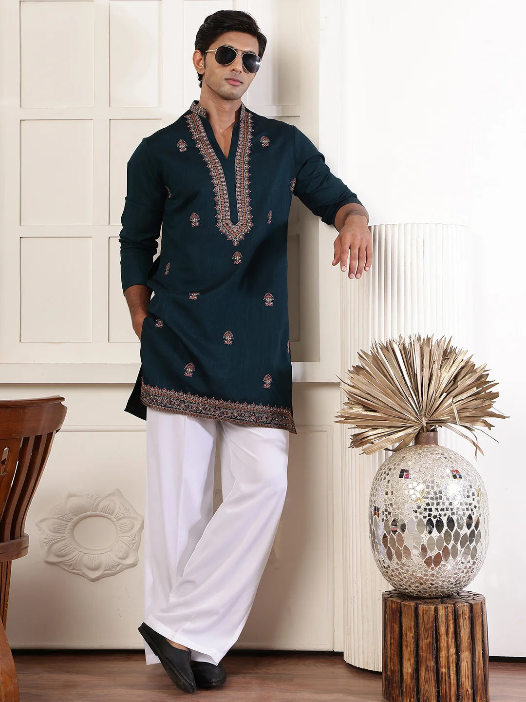 Green Thread Work Yoke Design Dupion Silk Straight Kurta for Men - Image 1