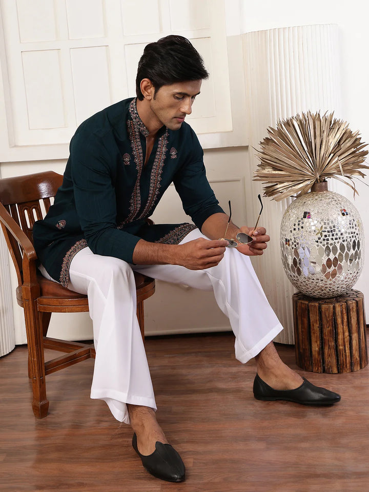 Green Thread Work Yoke Design Dupion Silk Straight Kurta for Men - Image 10