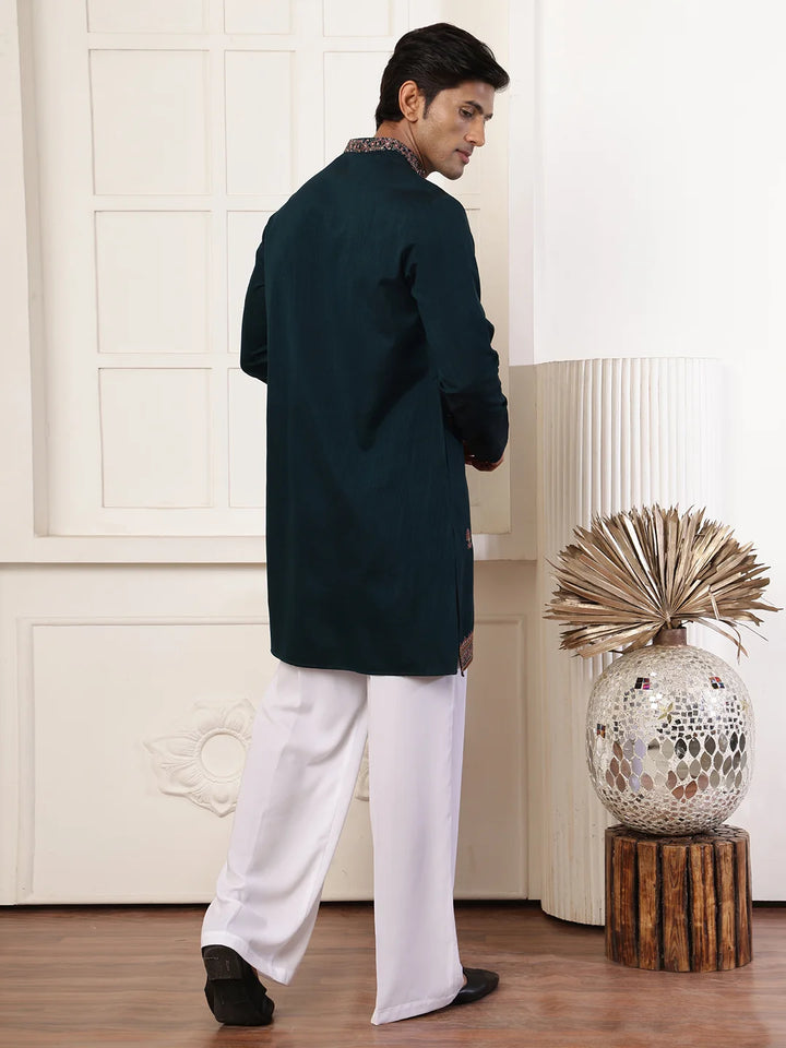 Green Thread Work Yoke Design Dupion Silk Straight Kurta for Men - Image 11