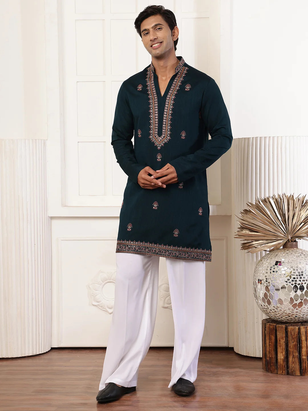 Green Thread Work Yoke Design Dupion Silk Straight Kurta for Men - Image 2