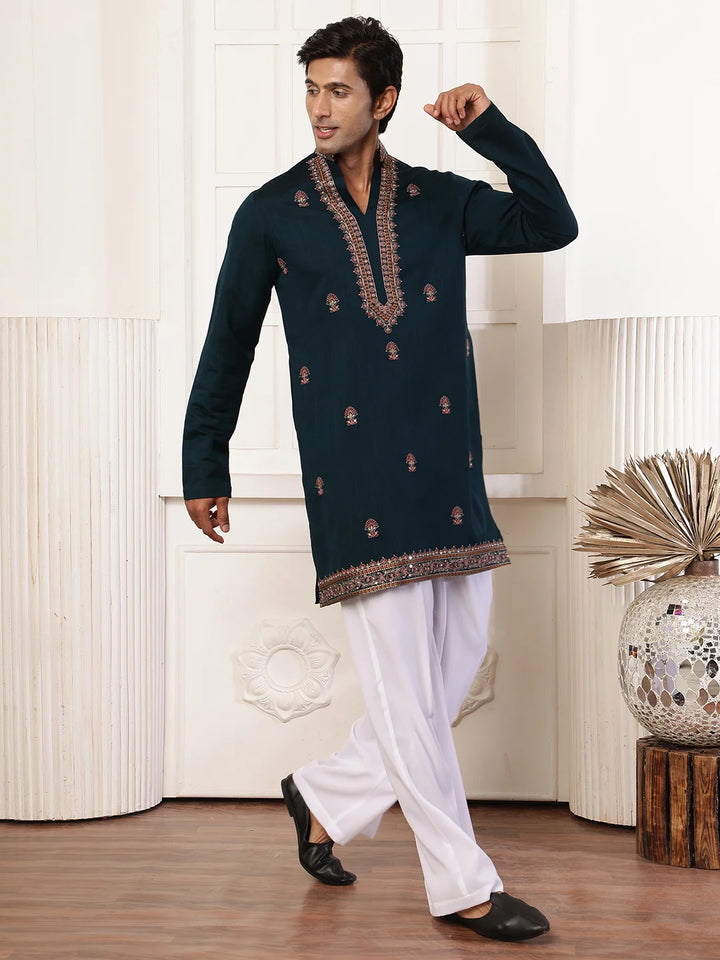 Green Thread Work Yoke Design Dupion Silk Straight Kurta for Men - Image 3