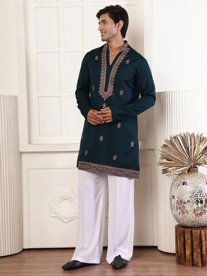 Green Thread Work Yoke Design Dupion Silk Straight Kurta for Men - Image 4