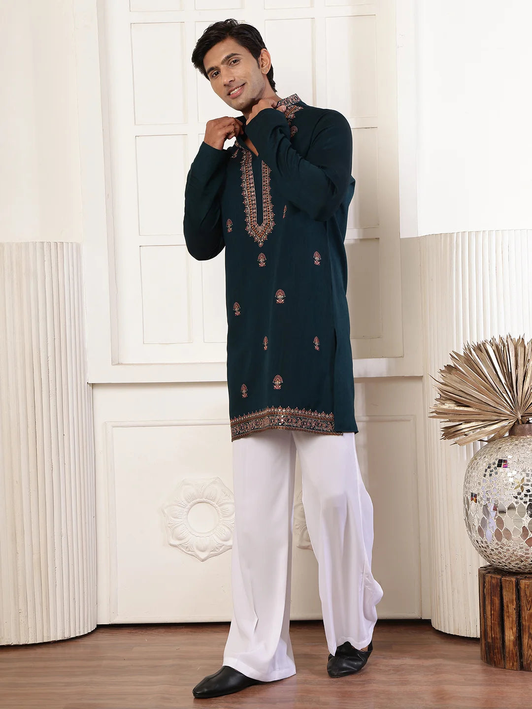 Green Thread Work Yoke Design Dupion Silk Straight Kurta for Men - Image 5