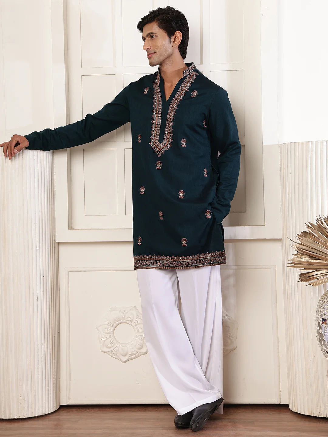 Green Thread Work Yoke Design Dupion Silk Straight Kurta for Men - Image 6
