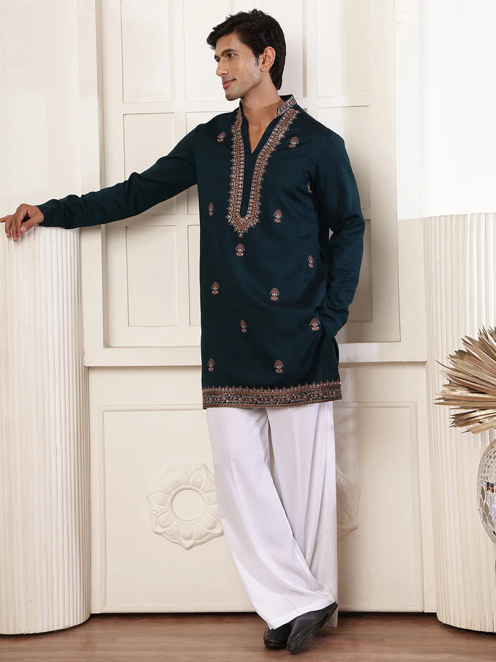 Green Thread Work Yoke Design Dupion Silk Straight Kurta for Men - Image 6