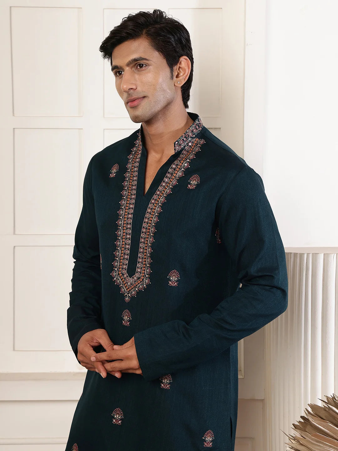 Green Thread Work Yoke Design Dupion Silk Straight Kurta for Men - Image 7