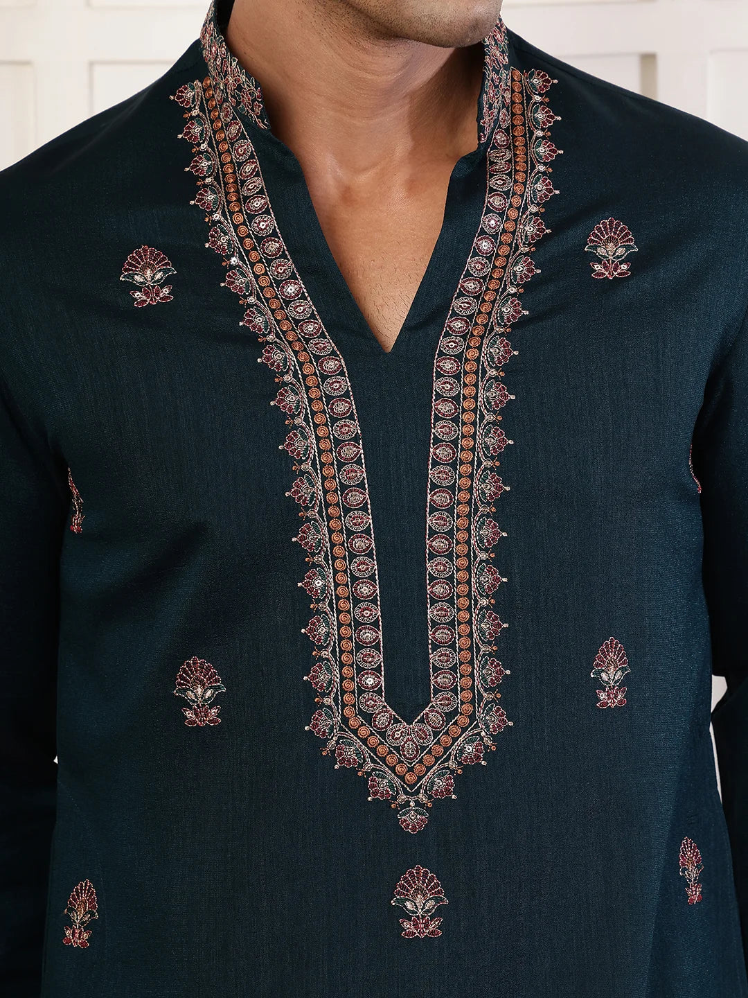 Green Thread Work Yoke Design Dupion Silk Straight Kurta for Men - Image 8
