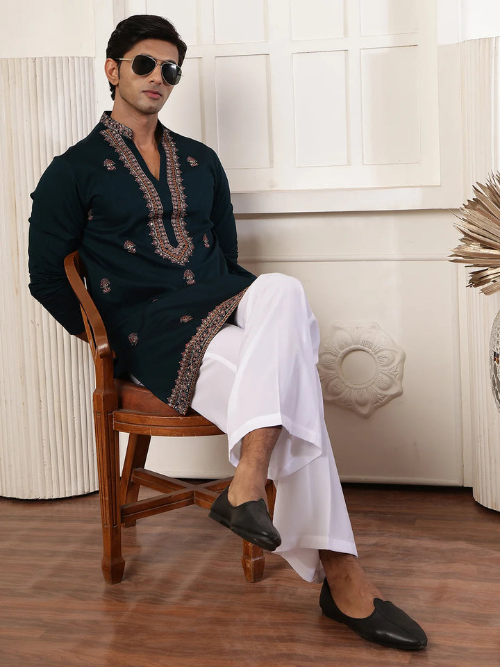 Green Thread Work Yoke Design Dupion Silk Straight Kurta for Men - Image 9