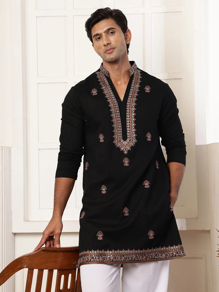 Black Thread Work Yoke Design Dupion Silk Straight Kurta for Men - Image 1