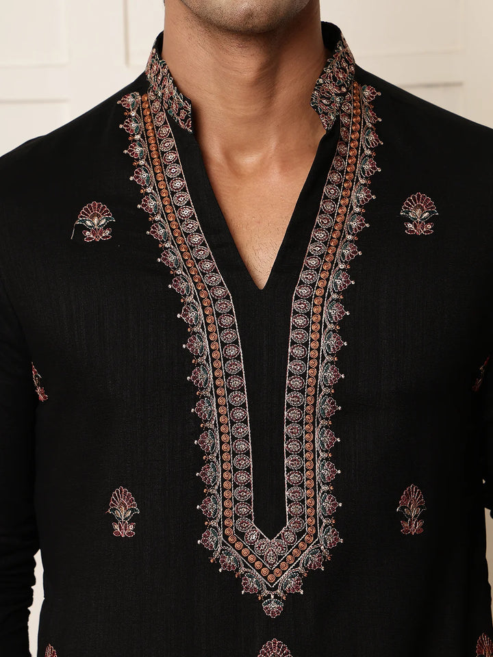 Black Thread Work Yoke Design Dupion Silk Straight Kurta for Men - Image 10